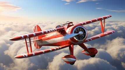 a red and white airplane flying in the sky - obrazy, fototapety, plakaty