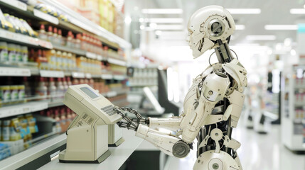 Fototapeta premium Robot resembling human form operates as a cashier scanning groceries in a well-lit, modern supermarket