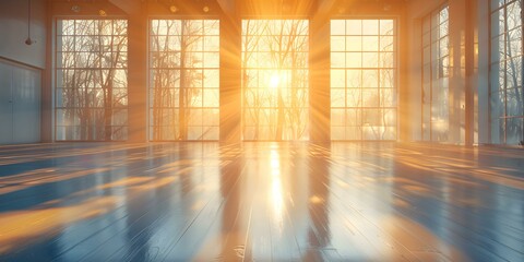 Sunlight streams through windows of an empty dance studio with mirrors. Concept Dance Studio,...