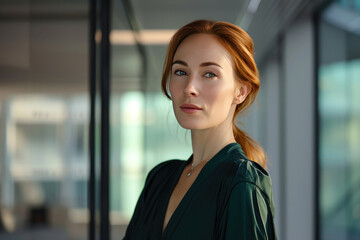 Fototapeta premium Beautiful businesswoman in chic tailored suit at a modern corporate office