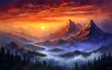 A Breathtaking Sunset Over A Mountain Range Generative AI