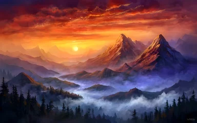 Deurstickers A Breathtaking Sunset Over A Mountain Range Generative AI © tes