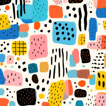 Abstract Geometric Seamless Pattern: Modern Graphic Design with Trendy 90s Style, Retro Doodle Element, and Vintage Ink Dot; Fun and Colorful Black and White Background for Fashionable Wallpaper or