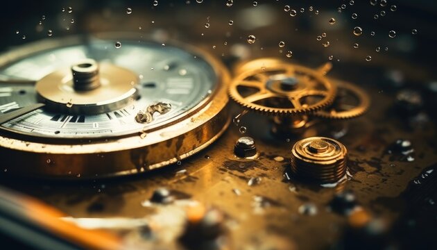 Old clockwork dirty with dust and lubricating