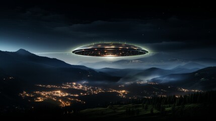 Ufo object flying in sky with copy space, alien spaceship for text and design, spacecraft in space