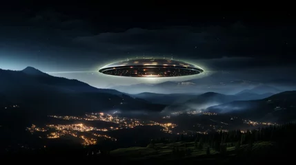 Fotobehang UFO Ufo object flying in sky with copy space, alien spaceship for text and design, spacecraft in space