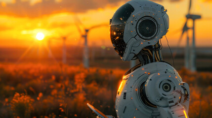 Camera focuses on the back of a robot as it looks onto a wind farm beneath a resplendent sunset sky