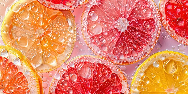 Citruses in water with water drops on a white background, orange, grapefruit, lemons, vitamin c, wallpaper.