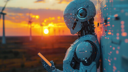A juxtaposition of a thoughtful robot leaning against a data center amidst a sunset, highlighting the convergence of tech and data