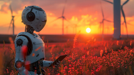 This striking image captures a robot holding a tablet, gazing at the sunset in a field full of red poppies