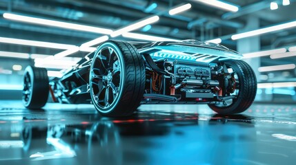 futuristic electric sport fast car chassis and battery packs with high performance or future EV fatory production and prototype showcase concepts as wide banner with copy space area, Generative Ai