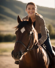 Obraz premium Attractive Feminine Farmgirl on Horse Portrait, created with Generative AI technology