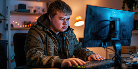 Fototapeta na wymiar Teenager with Down syndrome learning coding and programming on a laptop. Learning Disability