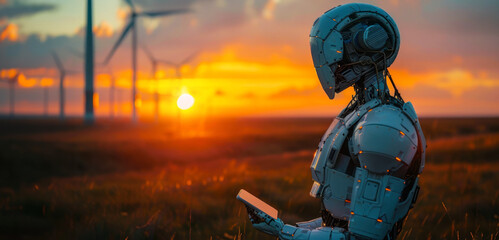 The silhouette of a robot against a breathtaking sunset underscores technology's place in the natural world