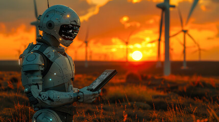 An advanced robot holding a tablet stands facing a scenic sunset with wind turbines in the background, reflecting technology and nature