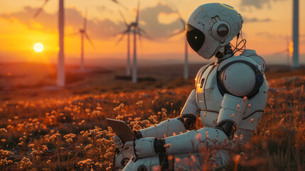 An image of a robot with a tablet in a field during the magical golden hour, representing the intersection of technology and natural wonder