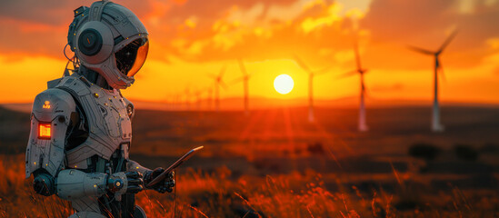 A futuristic robot holding a tablet while gazing at a breathtaking sunset behind wind turbines, symbolizing technology and nature coexisting - 747979792