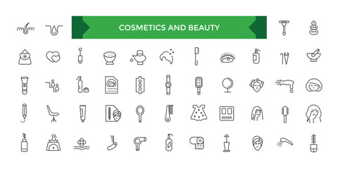 Cosmetics and beauty line icons collection. Big UI icon set in a flat design. Thin outline icons pack. Vector illustration