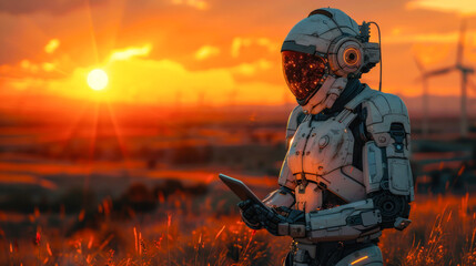 A futuristic robot in a space helmet holds a laptop, set against the backdrop of a wind farm and a glowing sunset, depicting advanced technology and clean energy