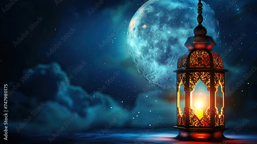 Wall mural ramadan lantern with lights in front of the moon. ramadan kareem holiday celebration concept