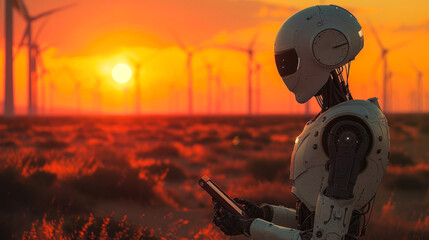 A robotic humanoid figure operates a tablet amidst a wind farm as the sun sets, symbolizing the fusion of technology with sustainable energy solutions