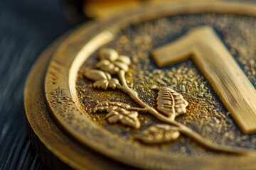 Close up of a gold first place winners medal