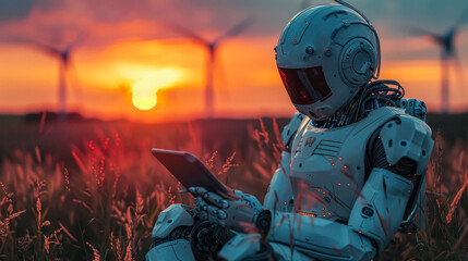 A highly detailed robot holds a tablet amidst a field with wind turbines, accentuated by a dramatic sunset