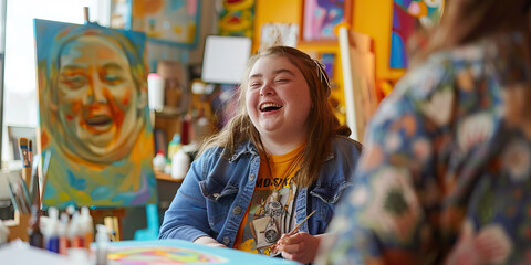 Teenager with Down syndrome participating in a group art therapy session. Learning Disability.