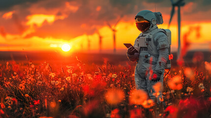 An astronaut in full gear holding a tablet stands amidst a blooming flower field with a stunning sunset and wind turbines in the background