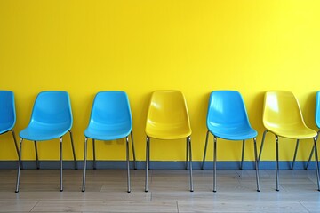 a row of blue and yellow chairs