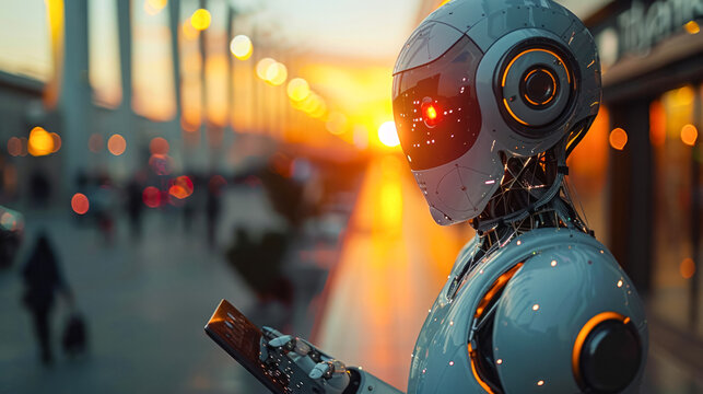 A sophisticated robot with glowing eyes walks through a bustling urban street with the allure of sunset in the background