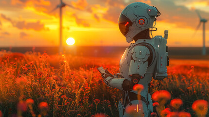 The image shows a robot from a side angle observing a sunset near wind energy turbines