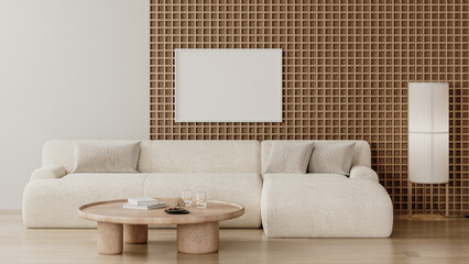 Fototapeta na wymiar Horizontal frame mock up in modern living room interior with wooden wall panel and white sofa, 3d render