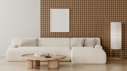 Fototapeta na wymiar frame mock up in modern living room interior with wooden wall panel and white sofa, 3d render