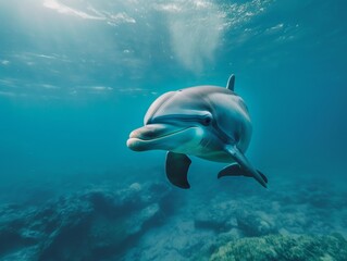 Dolphin swimming in the blue water of the sea