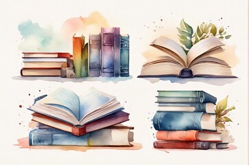 Vintage old book watercolor set isolated on white background. Antique library books with nature leaves illustration. AI generated