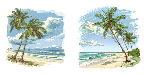 Serene Beach Scene With Palm Trees Swaying, Isolated Transparent Background Images