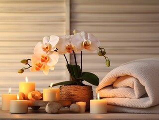 a white orchid and candles next to a towel