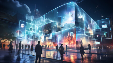 people walking in the city, Skybound Holograms, Cityscape Overflowing with Futuristic Projections