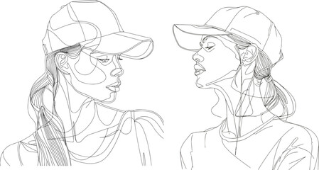 Fototapeta na wymiar Continuous line drawing of women in cap hat illustration of simple concept