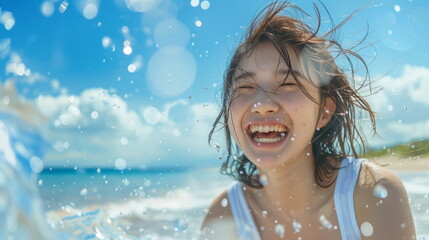 ビーチで水遊びをしてはしゃぐ日本人の若い女性 - obrazy, fototapety, plakaty