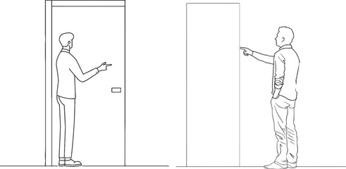 single line of man pointing at the door with hand