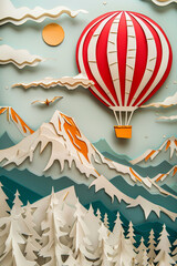 A hot air balloon travels across mountains