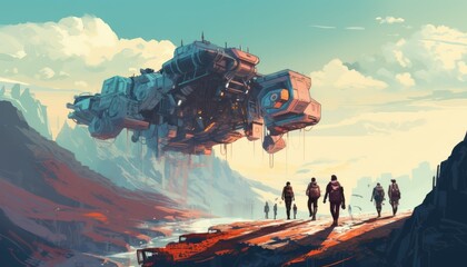 people walking up the mountain with flying checkpoint machine - obrazy, fototapety, plakaty