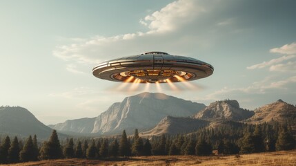 Ufo flying in sky with copy space, alien spaceship concept for science fiction background