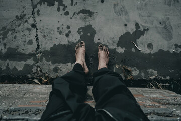 Anonymous derelict male with bare feet covered with black jacket lying on city street near concrete...