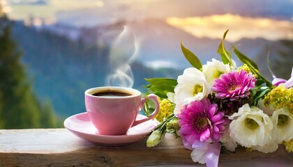  Banner. A cup of hot morning coffee and a bouquet. 
