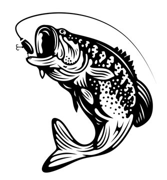 recommend clip art: Fish on a hook clipart. fishing logo. Black and white trout. Salmon jumping out of the water caught on a fishing rod. Emblem for a fisherman or fishing gear. Fishing hobby, caught trophy fish.