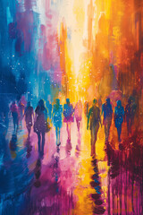 Gemälde von Menschen, die in leuchtenden Farben tanzen