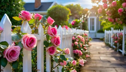  A beautiful white picket fence adorned with vibrant pink roses. This image can be used to